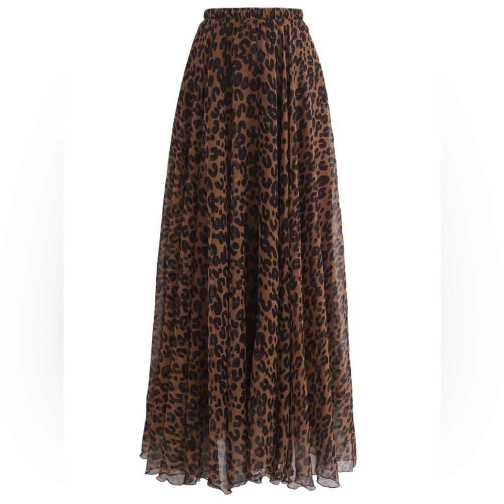 Chicwish Leopard Brown Black Watercolor Chiffon Maxi Skirt in Brown M/L